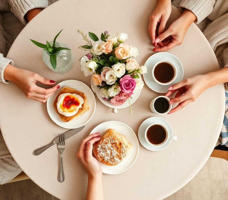 Brunchbord set oppefra med kaffe og blomster