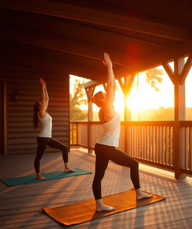 Kvinder laver yoga på terrasse ved solopgang